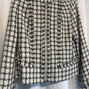 Karl Lagerfeld Paris Jacket Womens Black & White Tweed Fringe Boucle Zip